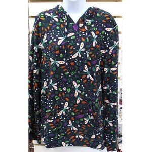 Multicolor Black Purple Green Orange Dragonfly Floral Print Pull Over Hoodie